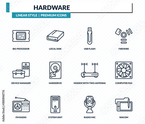 hardware icons set - big processor, local disk, usb flash, computer fan, wacom outline vector collection.