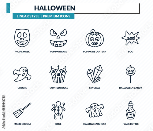 halloween icons set - facial mask, pumpkin face, pumpkins lantern, halloween candy, flask bottle outline vector collection.