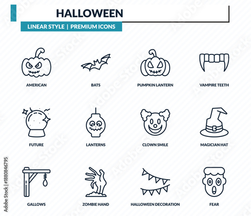 halloween icons set - american, bats, pumpkin lantern, magician hat, fear outline vector collection.