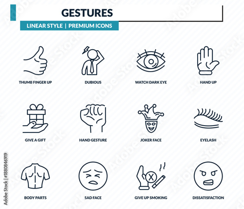 gestures icons set - thumb finger up, dubious, watch dark eye, eyelash, dissatisfaction outline vector collection.