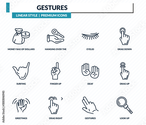 gestures icons set - money bag of dollars, hanging over the key, eyelid, drag up, look up outline vector collection.