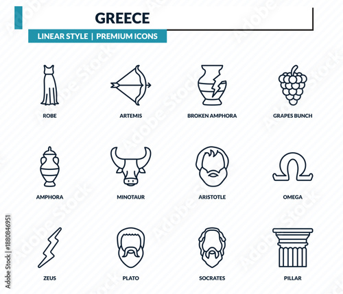 greece icons set - robe, artemis, broken amphora, omega, pillar outline vector collection.