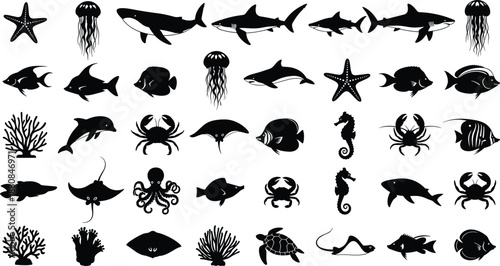 Large collection of sea life silhouettes including sharks jellyfish crabs turtles and tropical fish icons isolated on white background for marine nature design projects