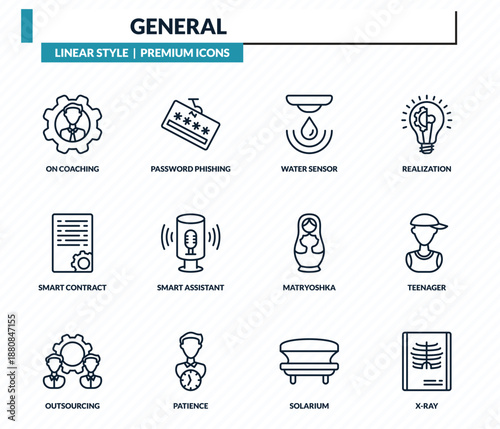 general icons set - on coaching, password phishing, water sensor, teenager, x-ray outline vector collection.