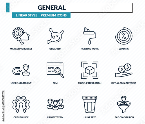 general icons set - marketing budget, organism, painting work, initial coin offering, lead conversion outline vector collection.