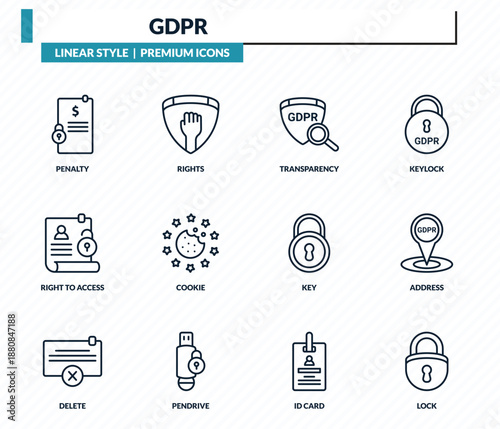 gdpr icons set - penalty, rights, transparency, address, lock outline vector collection.