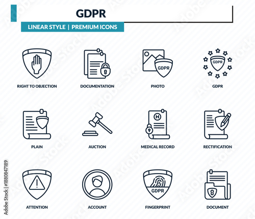 gdpr icons set - right to objection, documentation, photo, rectification, document outline vector collection.