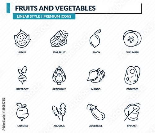 fruits and vegetables icons set - pitaya, star fruit, lemon, potatoes, spinach outline vector collection.