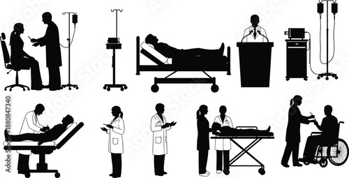 Silhouettes of diverse medical scenes showing healthcare professionals and patients in examination, treatment, transport, and collaboration across clinical environments.