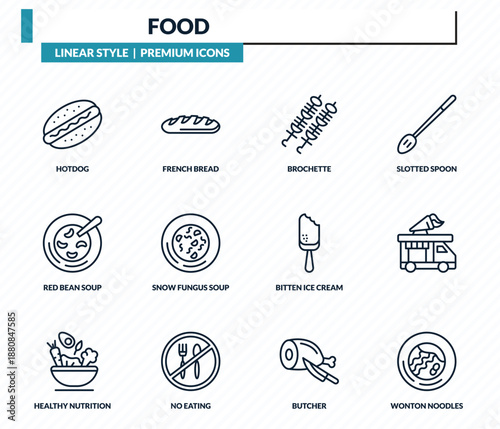 food icons set - hotdog, french bread, brochette, , wonton noodles outline vector collection.