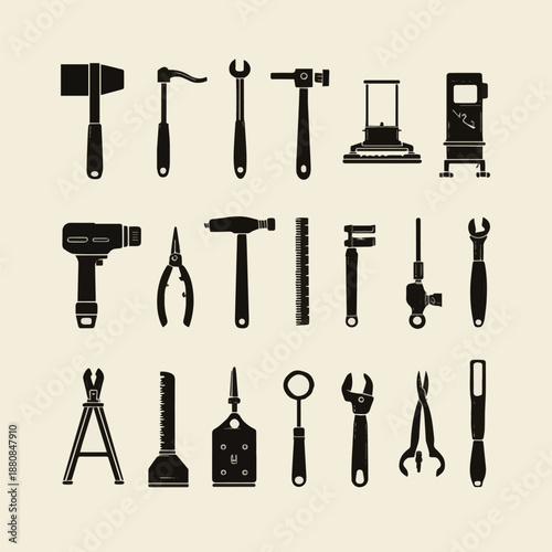 Generated on different kinds of Hand tools silhouette icon set vector illustration