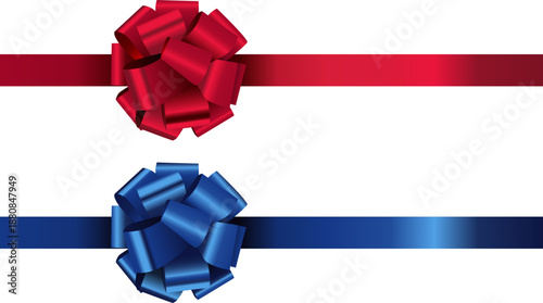 Realistic shiny ribbon red and bow, ribbon blue isolated on white background, vector illustration design for decoration festivals, such as Christmas, valentine, birthday card, celebration
