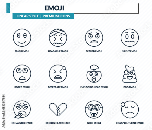 emoji icons set - emoji emoji, headache scared poo dissapointment outline vector collection.