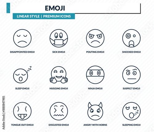 emoji icons set - disappointed emoji, sick emoji, pouting suspect sleeping outline vector collection.