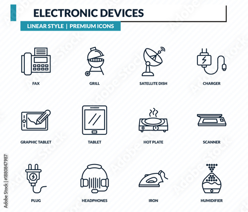electronic devices icons set - fax, grill, satellite dish, scanner, humidifier outline vector collection.