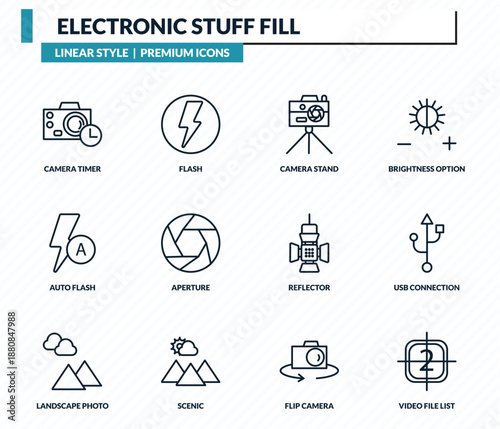 electronic stuff fill icons set - camera timer, flash, camera stand, usb connection, video file list outline vector collection.