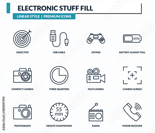 electronic stuff fill icons set - objective, usb cable, joypad, camera screen, phone receiver outline vector collection.