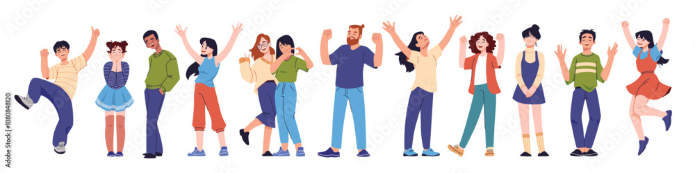 Obraz premium Happy young group. Diverse community event, student characters on audience. Man person dancing, woman waving hand, crowd party or positive employee team vector cartoon flat isolated concept
