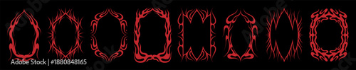 Gothic frame. Tribal fire border, fantasy oval y2k frame or vintage ornate red element. Swirl ornament in emo aesthetic. Dark mystery menu, symmetry mystic element graphic vector design set