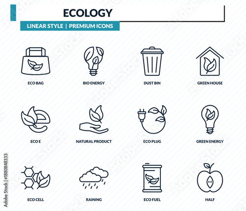 ecology icons set - eco bag, bio energy, dust bin, green energy, half outline vector collection.