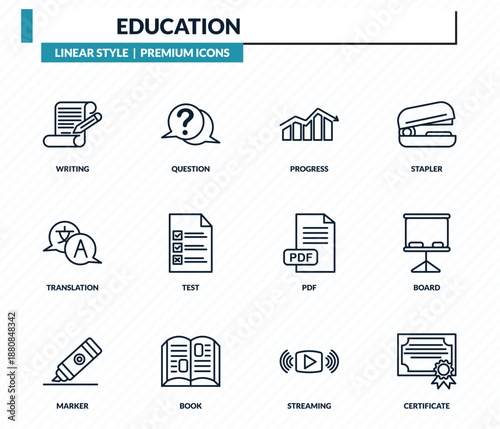 education icons set - writing, question, progress, board, certificate outline vector collection.