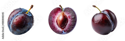 Three ripe plums one whole cut in half showing seed and flesh isolated on a transparent background fruit
