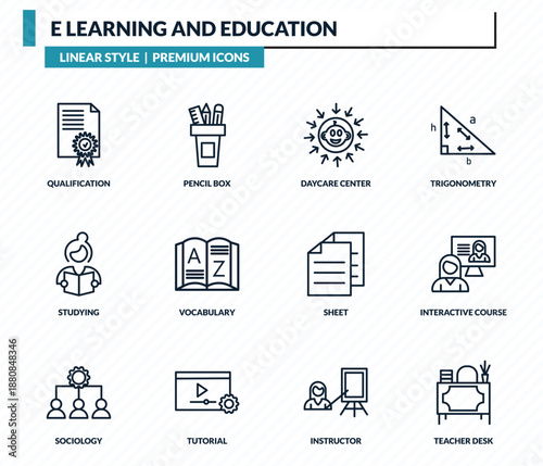 e learning and education icons set - qualification, pencil box, daycare center, interactive course, teacher desk outline vector collection.