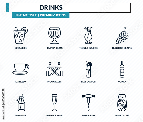 drinks icons set - cuba libre, brandy glass, tequila sunrise, vodka, tom collins outline vector collection.