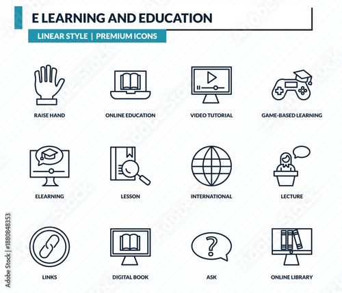 e learning and education icons set - raise hand, online education, video tutorial, lecture, online library outline vector collection.