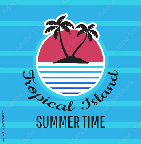 Summer time. Tropical island. Summertime vacation. Abstract sunset. Palms at seashore. Beach resort square card. Ocean wave ripple stripes. Seaside sundown. Vector social media post design