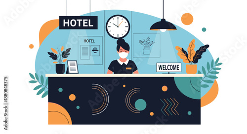 Female receptionist wearing a protective face mask stands at a modern hotel front desk with a welcome sign for guests. Vector illustration.