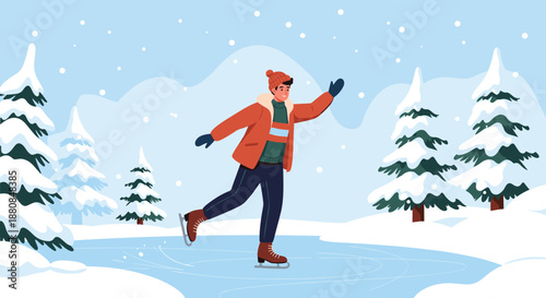 Joyful young man in a warm winter coat and hat is gracefully ice skating on a frozen lake surrounded by a snowy forest landscape.