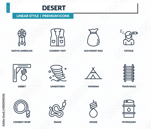 desert icons set - native american, cowboy vest, old money bag, train rails, petroleum outline vector collection.