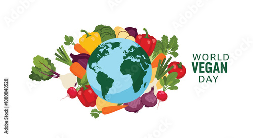 World Vegan Day illustration featuring planet Earth surrounded by a variety of fresh, colorful vegetables like carrots, peppers, and beets.