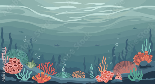 Underwater ocean scene with colorful coral reefs, seaweed, and swimming fish, showing the beauty of marine life on the seabed.