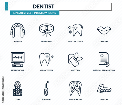 dentist icons set - maxilla, headlamp, healthy tooth, medical prescription, denture outline vector collection.