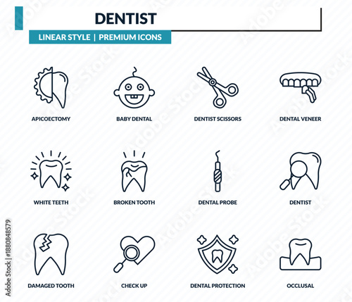 dentist icons set - apicoectomy, baby dental, dentist scissors, dentist, occlusal outline vector collection.
