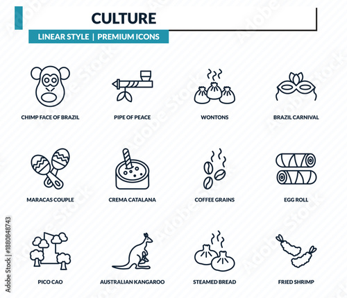 culture icons set - chimp face of brazil, pipe of peace, wontons, egg roll, fried shrimp outline vector collection.