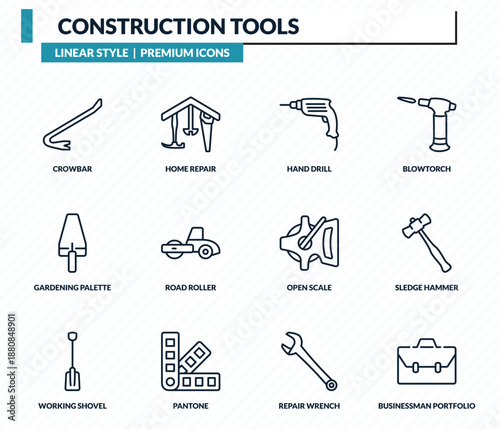construction tools icons set - crowbar, home repair, hand drill, sledge hammer, businessman portfolio outline vector collection.