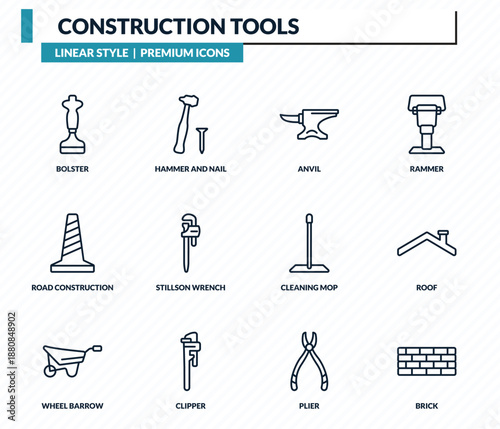 construction tools icons set - bolster, hammer and nail, anvil, roof, brick outline vector collection.