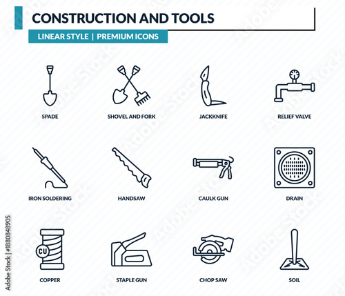 construction and tools icons set - spade, shovel and fork, jackknife, drain, soil outline vector collection.