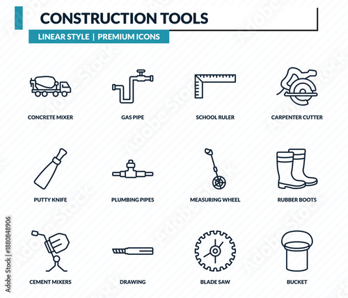 construction tools icons set - concrete mixer, gas pipe, school ruler, rubber boots, bucket outline vector collection.