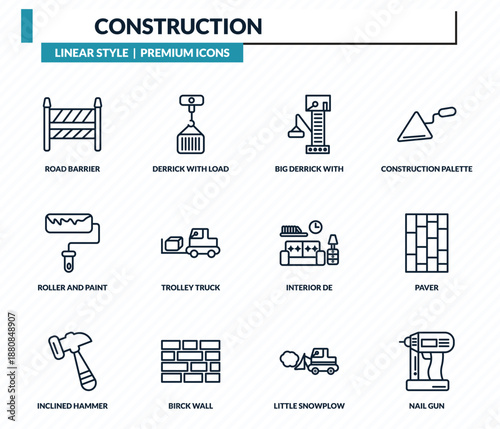construction icons set - road barrier, derrick with load, big derrick with boxes, paver, nail gun outline vector collection.