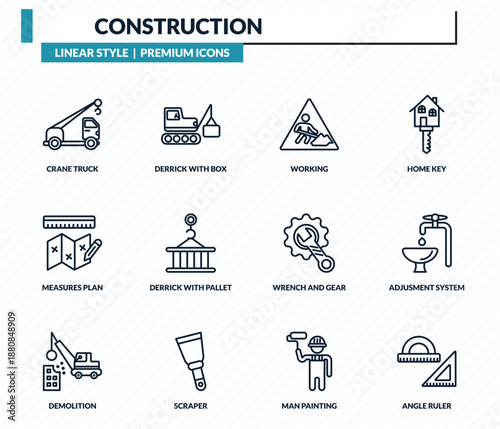construction icons set - crane truck, derrick with box, working, adjusment system, angle ruler outline vector collection.