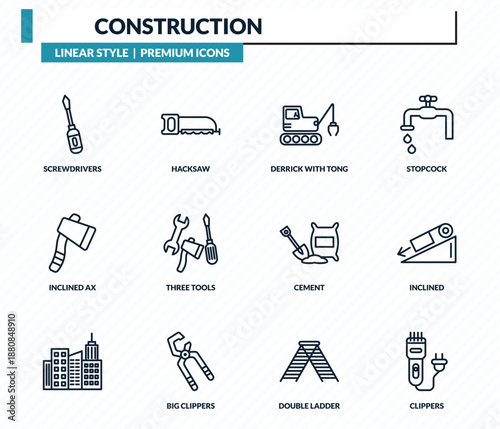 construction icons set - screwdrivers, hacksaw, derrick with tong, inclined, clippers outline vector collection.