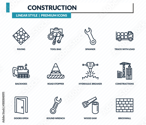 construction icons set - paving, tool bag, spanner, constructions, brickwall outline vector collection.