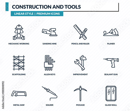 construction and tools icons set - mechanic working, sanding hine, pencil and ruler, sealant gun, glass wall outline vector collection.