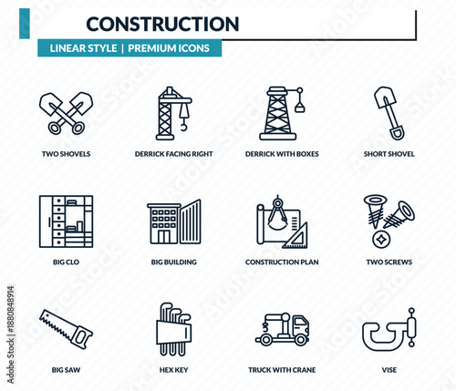 construction icons set - two shovels, derrick facing right, derrick with boxes, two screws, vise outline vector collection.