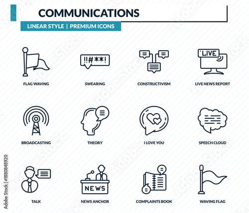 communications icons set - flag waving, swearing, constructivism, speech cloud, waving flag outline vector collection.