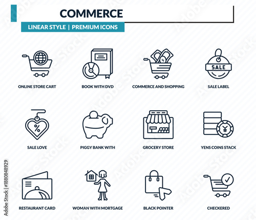 commerce icons set - online store cart, book with dvd, commerce and shopping, yens coins stack, checkered outline vector collection.